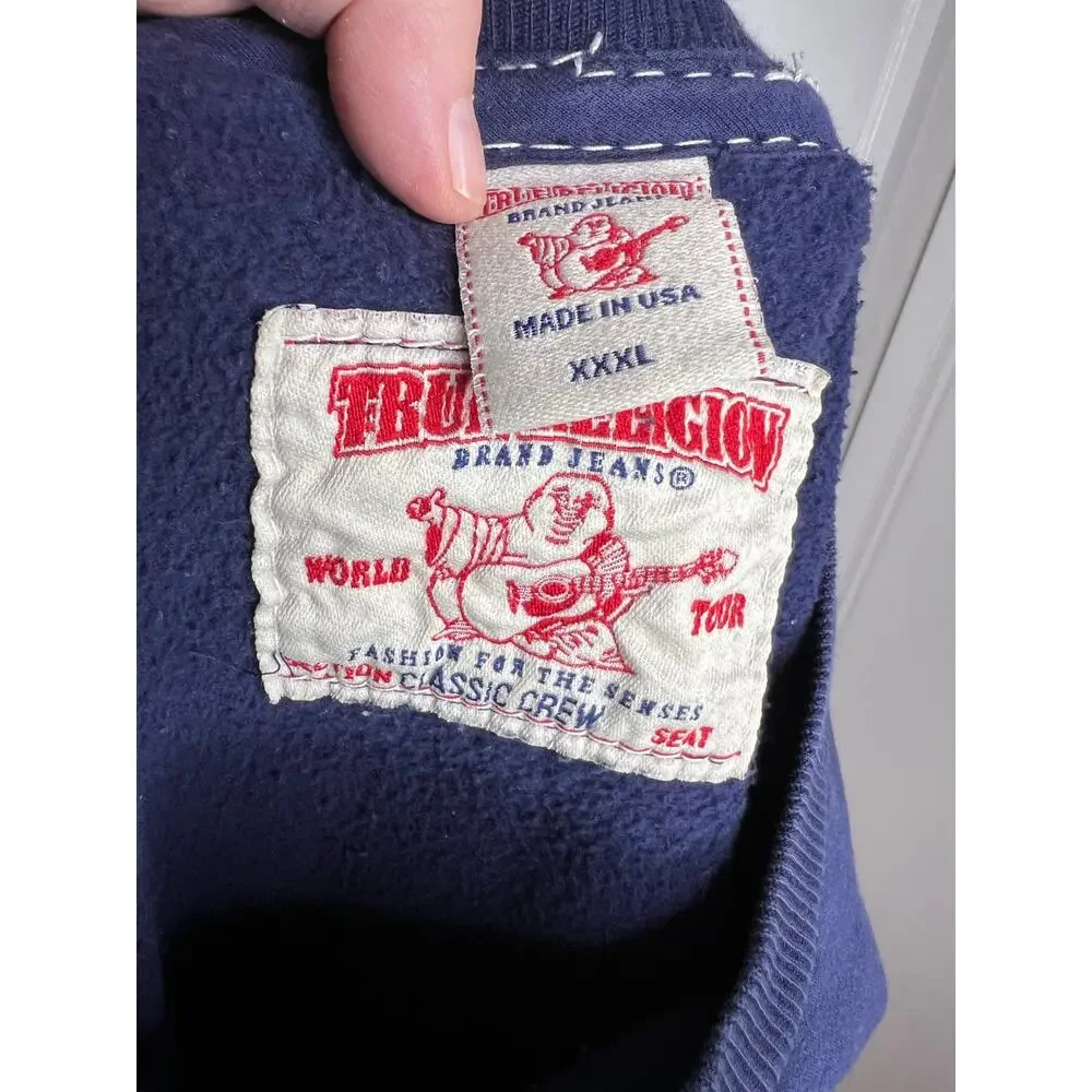 True Religion Men's Y2K Crew Neck Pullover Sweatshirt Blue ~ Size XXXL